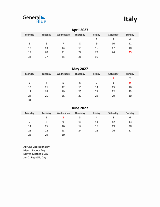 Printable Quarterly Calendar with Notes and Italy Holidays- Q2 of 2027