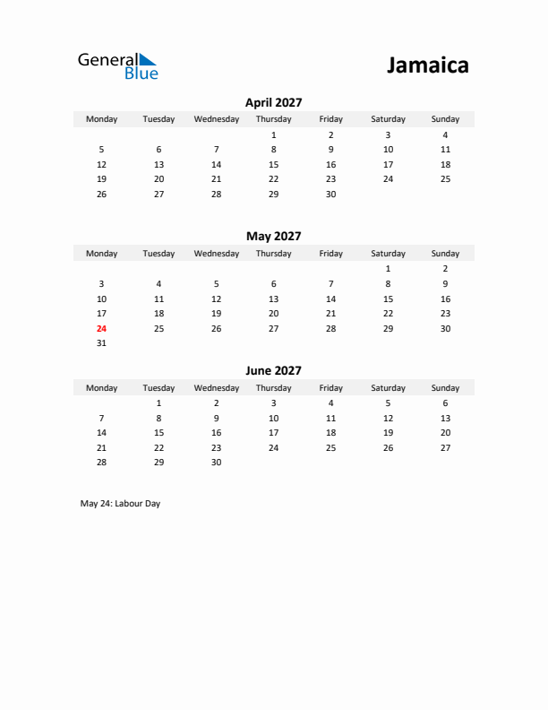 Printable Quarterly Calendar with Notes and Jamaica Holidays- Q2 of 2027