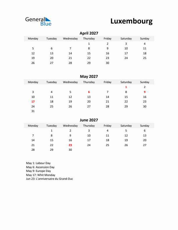 Printable Quarterly Calendar with Notes and Luxembourg Holidays- Q2 of 2027