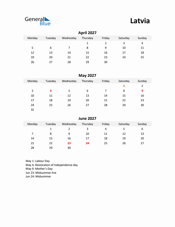 Printable Quarterly Calendar with Notes and Latvia Holidays- Q2 of 2027