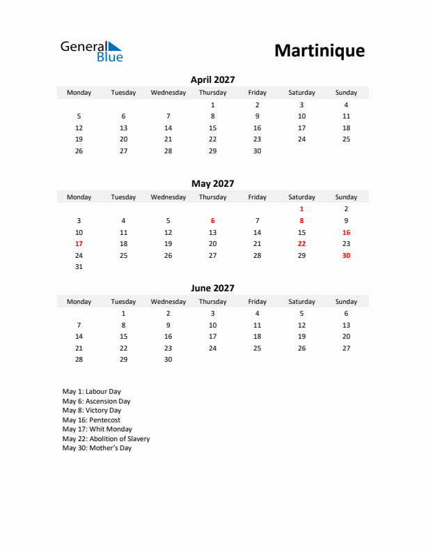 Printable Quarterly Calendar with Notes and Martinique Holidays- Q2 of 2027