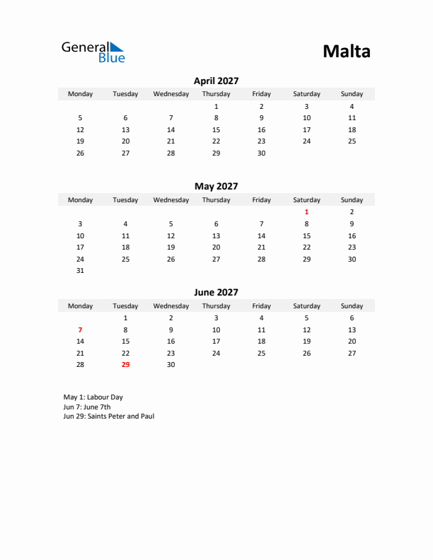 Printable Quarterly Calendar with Notes and Malta Holidays- Q2 of 2027