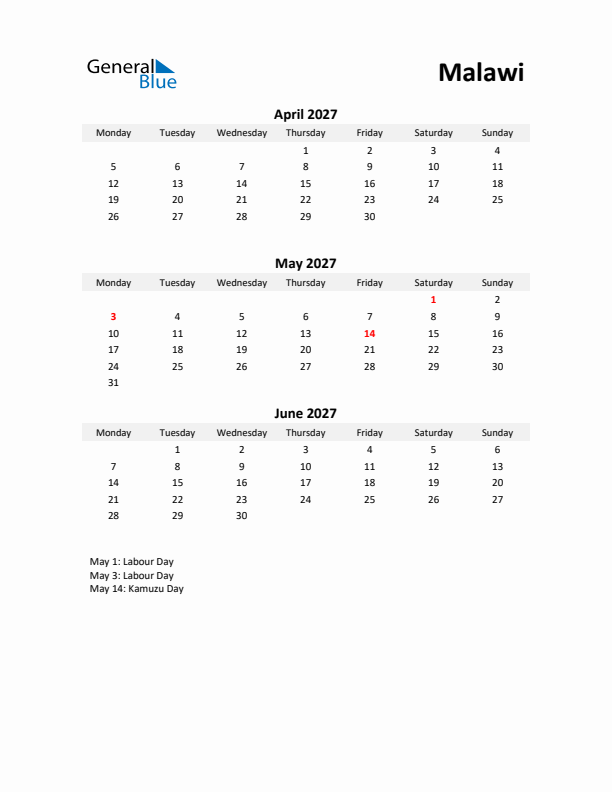 Printable Quarterly Calendar with Notes and Malawi Holidays- Q2 of 2027