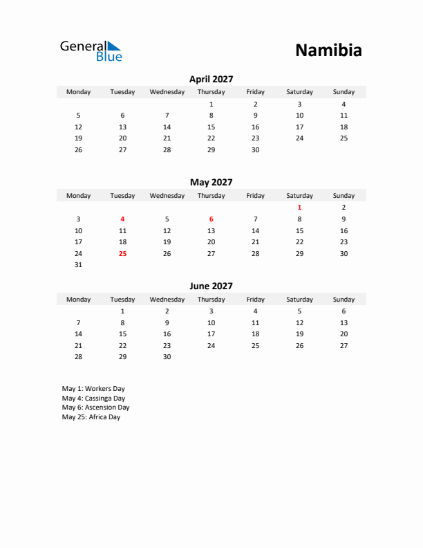 Printable Quarterly Calendar with Notes and Namibia Holidays- Q2 of 2027