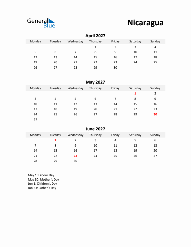 Printable Quarterly Calendar with Notes and Nicaragua Holidays- Q2 of 2027