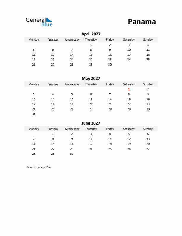 Printable Quarterly Calendar with Notes and Panama Holidays- Q2 of 2027