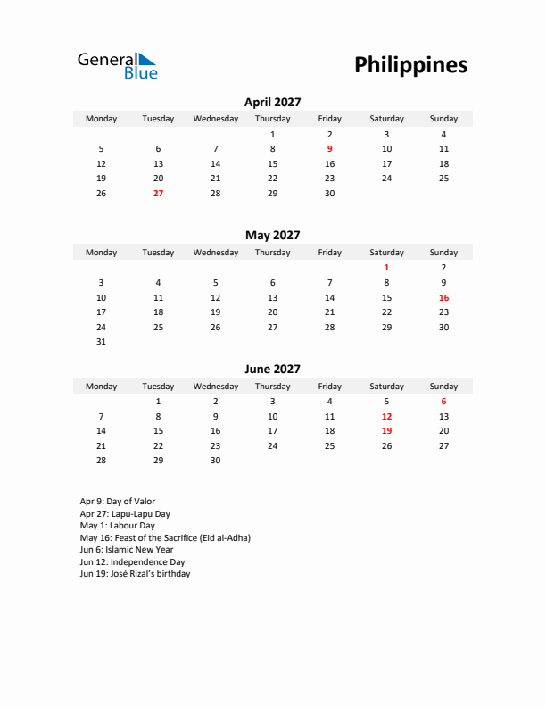 Printable Quarterly Calendar with Notes and Philippines Holidays- Q2 of 2027