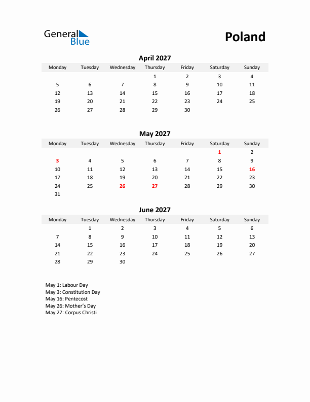 Printable Quarterly Calendar with Notes and Poland Holidays- Q2 of 2027