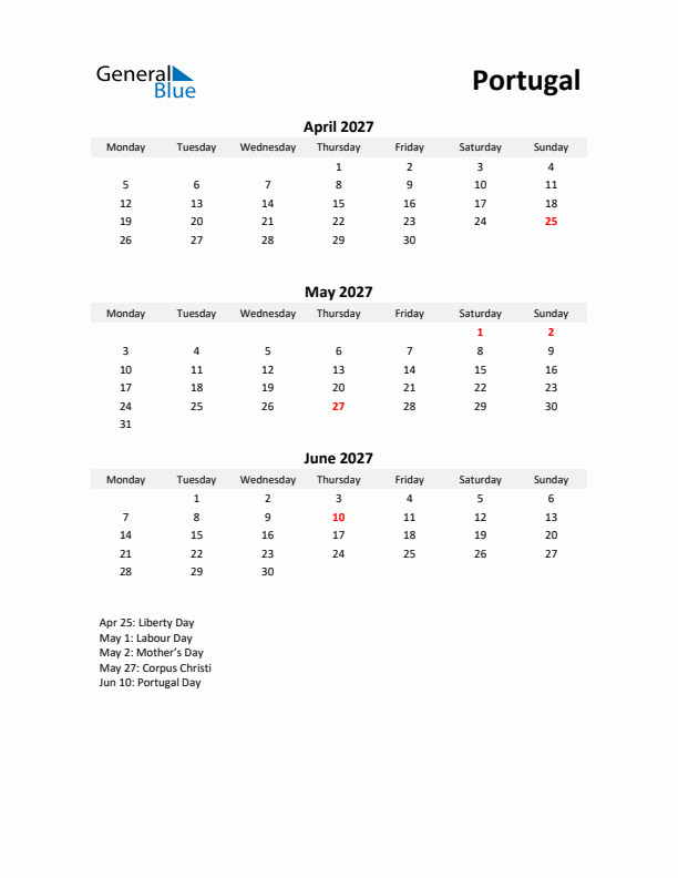 Printable Quarterly Calendar with Notes and Portugal Holidays- Q2 of 2027