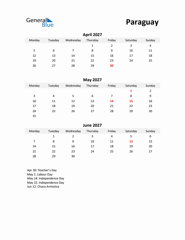 Printable Quarterly Calendar with Notes and Paraguay Holidays- Q2 of 2027