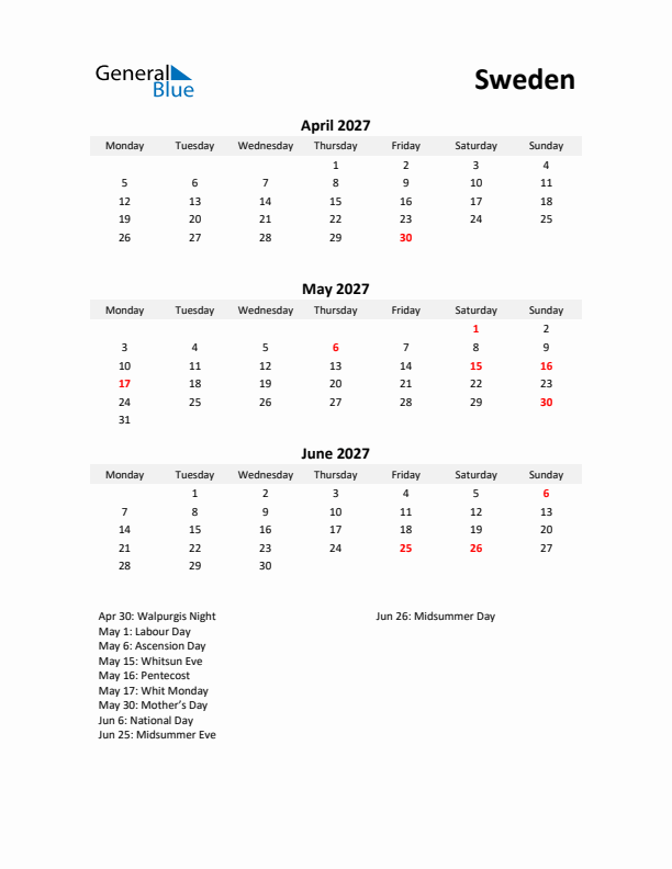 Printable Quarterly Calendar with Notes and Sweden Holidays- Q2 of 2027