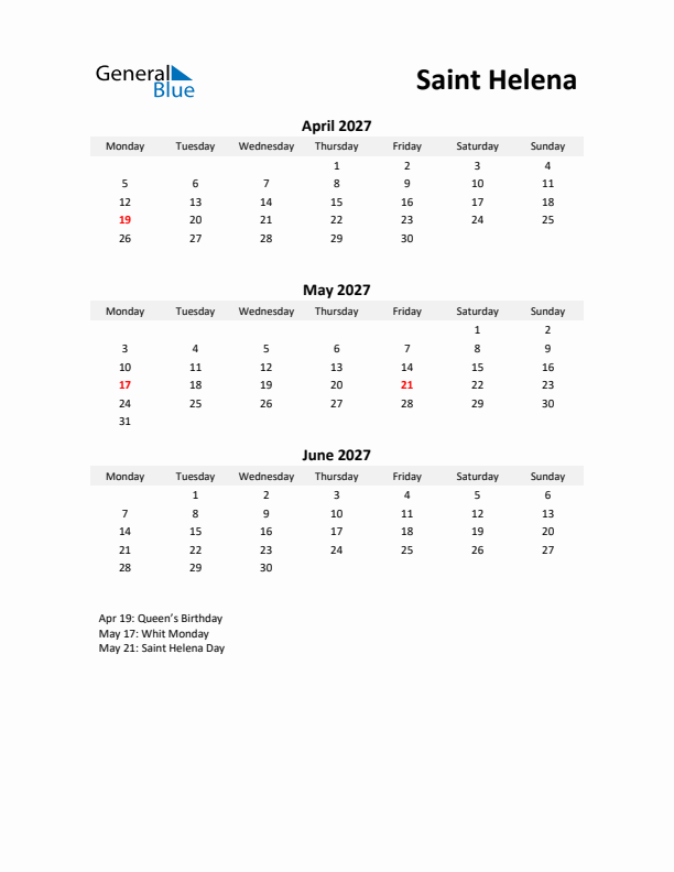 Printable Quarterly Calendar with Notes and Saint Helena Holidays- Q2 of 2027