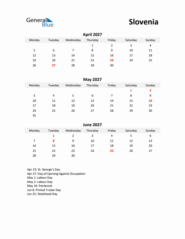 Printable Quarterly Calendar with Notes and Slovenia Holidays- Q2 of 2027