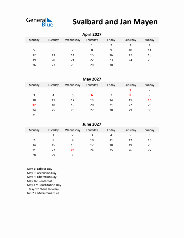 Printable Quarterly Calendar with Notes and Svalbard and Jan Mayen Holidays- Q2 of 2027