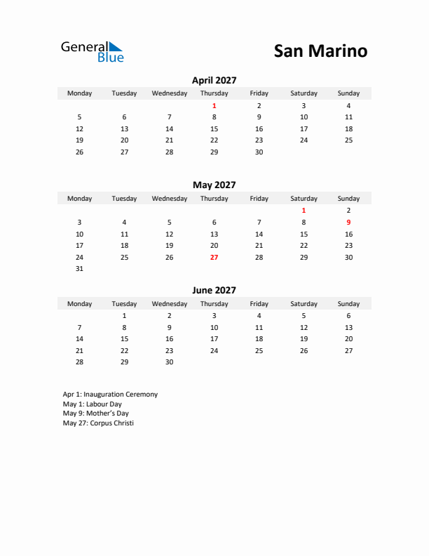 Printable Quarterly Calendar with Notes and San Marino Holidays- Q2 of 2027