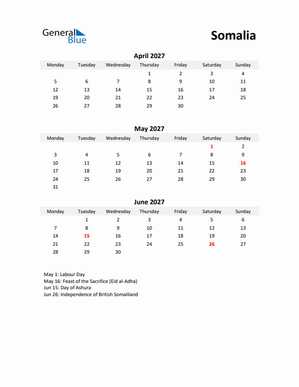 Printable Quarterly Calendar with Notes and Somalia Holidays- Q2 of 2027