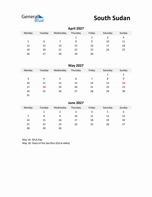 Printable Quarterly Calendar with Notes and South Sudan Holidays- Q2 of 2027