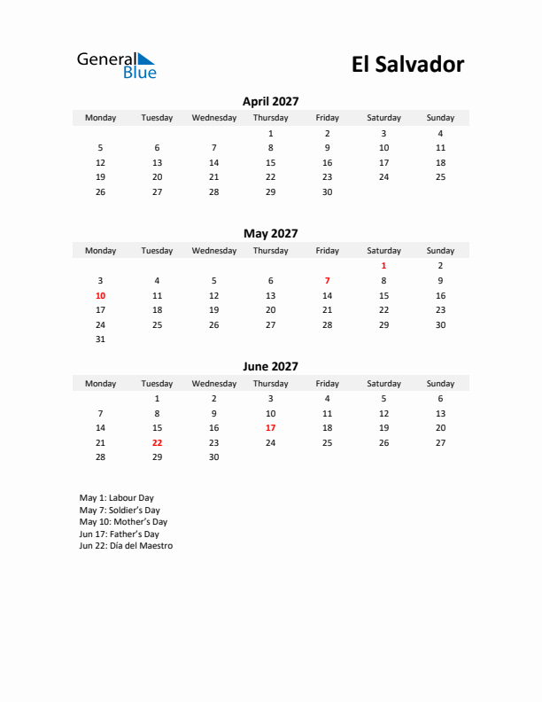 Printable Quarterly Calendar with Notes and El Salvador Holidays- Q2 of 2027