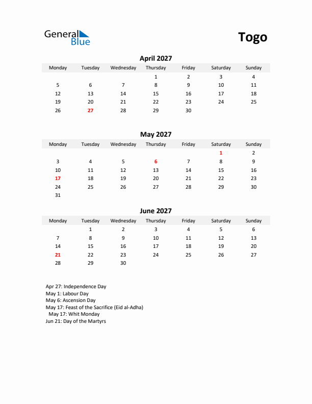 Printable Quarterly Calendar with Notes and Togo Holidays- Q2 of 2027