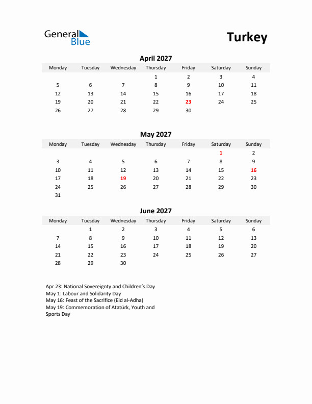 Printable Quarterly Calendar with Notes and Turkey Holidays- Q2 of 2027