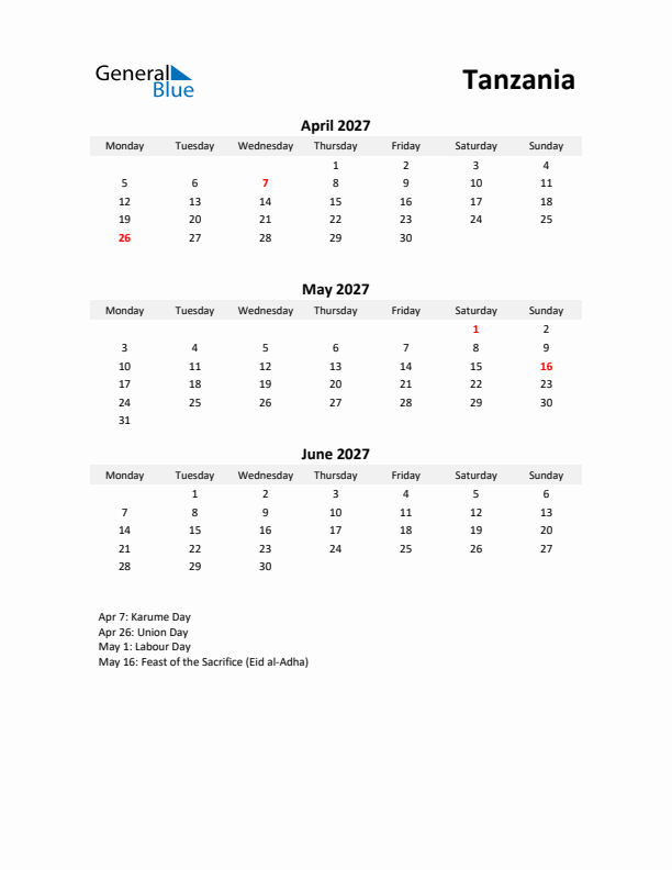 Printable Quarterly Calendar with Notes and Tanzania Holidays- Q2 of 2027