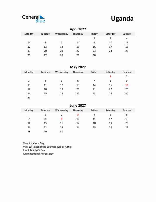 Printable Quarterly Calendar with Notes and Uganda Holidays- Q2 of 2027