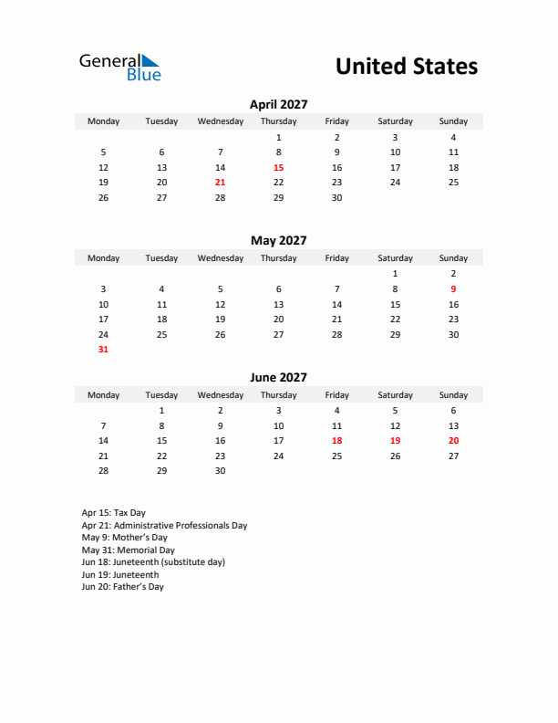 Printable Quarterly Calendar with Notes and United States Holidays- Q2 of 2027