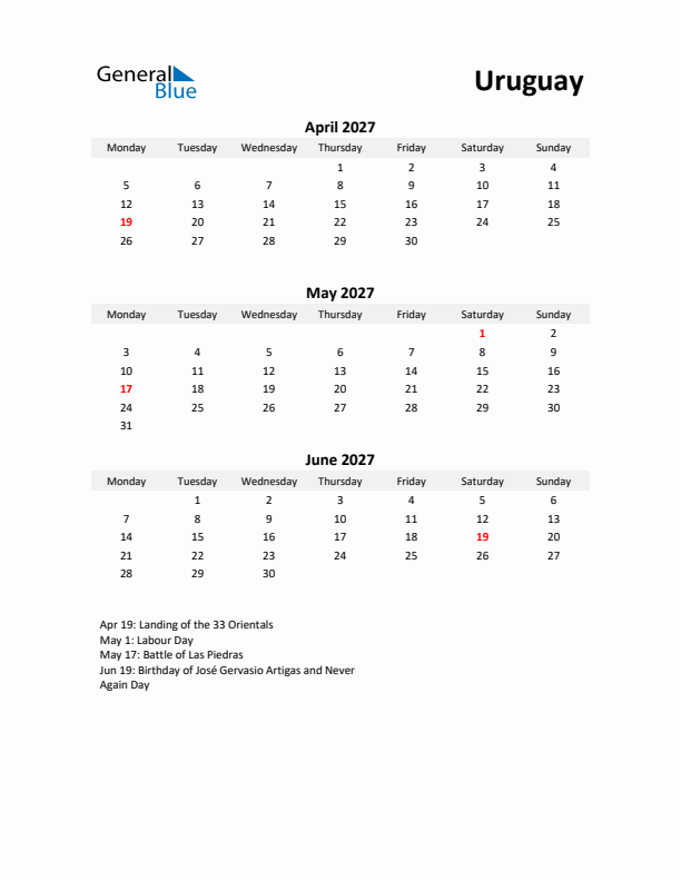 Printable Quarterly Calendar with Notes and Uruguay Holidays- Q2 of 2027