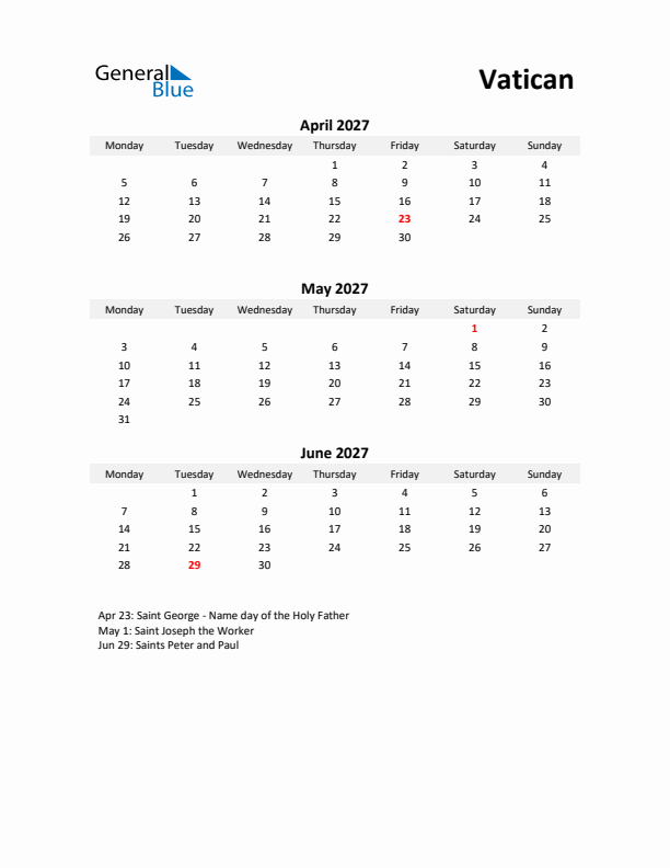 Printable Quarterly Calendar with Notes and Vatican Holidays- Q2 of 2027