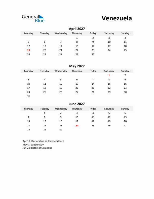 Printable Quarterly Calendar with Notes and Venezuela Holidays- Q2 of 2027