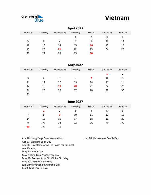 Printable Quarterly Calendar with Notes and Vietnam Holidays- Q2 of 2027