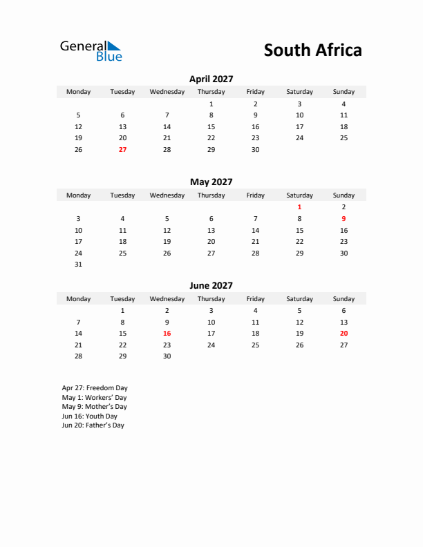 Printable Quarterly Calendar with Notes and South Africa Holidays- Q2 of 2027