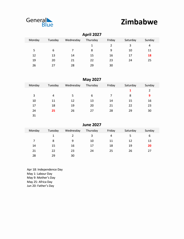 Printable Quarterly Calendar with Notes and Zimbabwe Holidays- Q2 of 2027