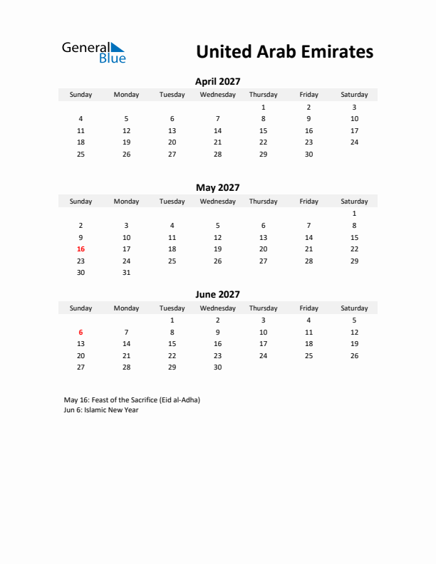 Printable Quarterly Calendar with Notes and United Arab Emirates Holidays- Q2 of 2027