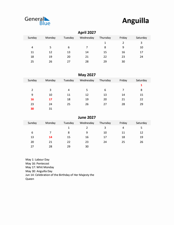 Printable Quarterly Calendar with Notes and Anguilla Holidays- Q2 of 2027