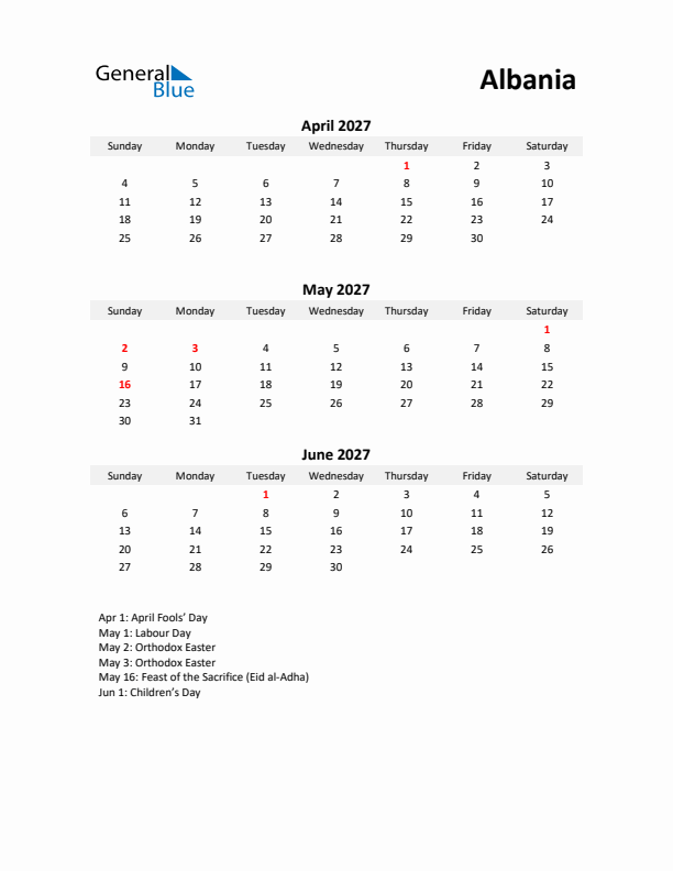 Printable Quarterly Calendar with Notes and Albania Holidays- Q2 of 2027