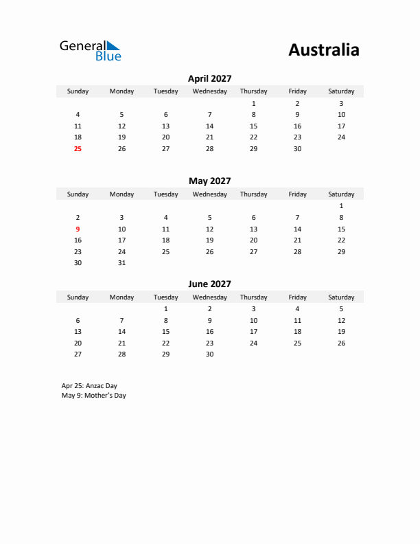 Printable Quarterly Calendar with Notes and Australia Holidays- Q2 of 2027