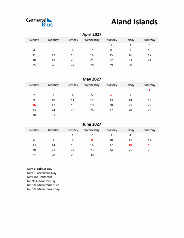 Printable Quarterly Calendar with Notes and Aland Islands Holidays- Q2 of 2027