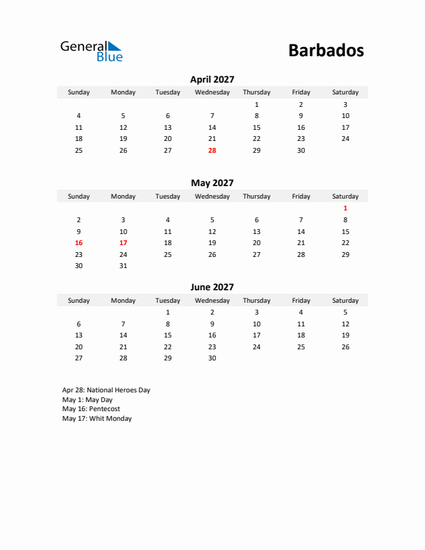 Printable Quarterly Calendar with Notes and Barbados Holidays- Q2 of 2027