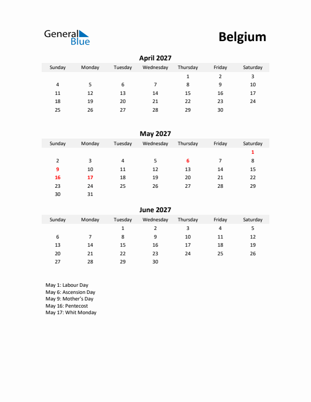 Printable Quarterly Calendar with Notes and Belgium Holidays- Q2 of 2027