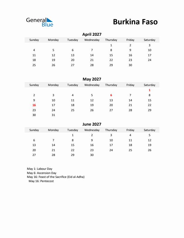 Printable Quarterly Calendar with Notes and Burkina Faso Holidays- Q2 of 2027