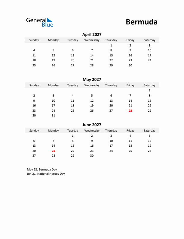 Printable Quarterly Calendar with Notes and Bermuda Holidays- Q2 of 2027