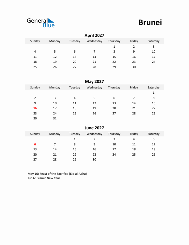 Printable Quarterly Calendar with Notes and Brunei Holidays- Q2 of 2027