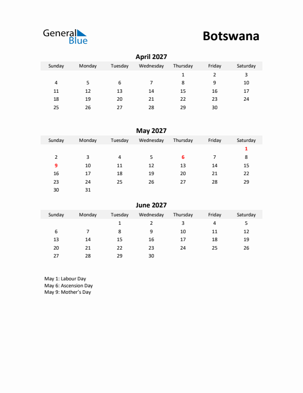 Printable Quarterly Calendar with Notes and Botswana Holidays- Q2 of 2027