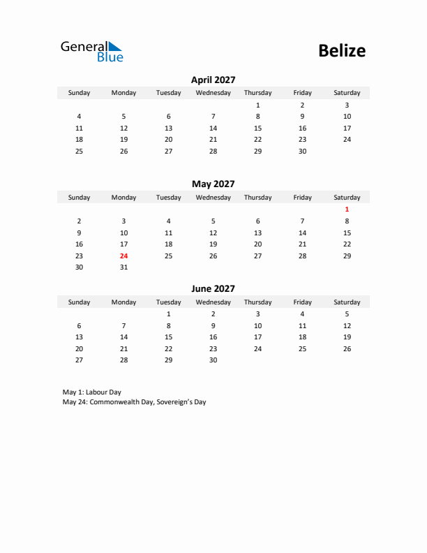 Printable Quarterly Calendar with Notes and Belize Holidays- Q2 of 2027