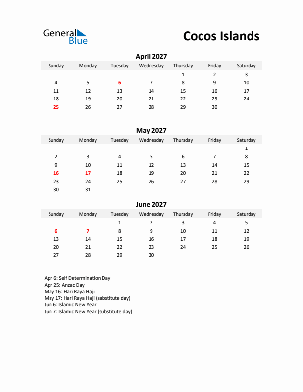 Printable Quarterly Calendar with Notes and Cocos Islands Holidays- Q2 of 2027