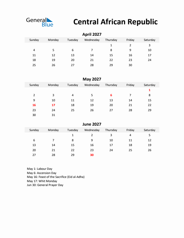 Printable Quarterly Calendar with Notes and Central African Republic Holidays- Q2 of 2027