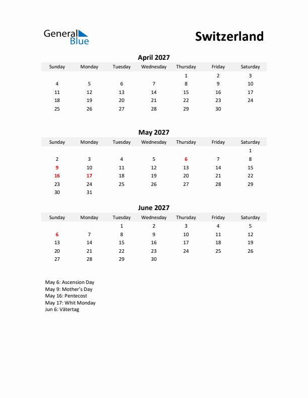 Printable Quarterly Calendar with Notes and Switzerland Holidays- Q2 of 2027