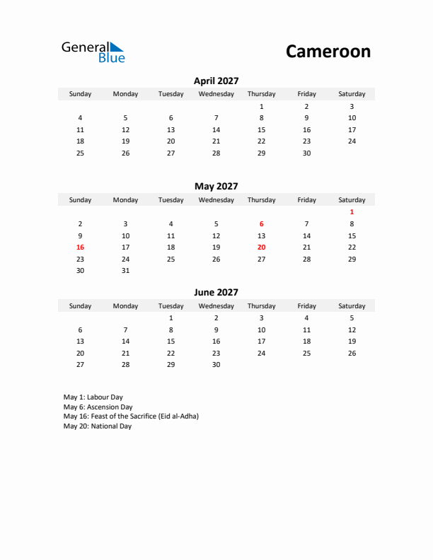 Printable Quarterly Calendar with Notes and Cameroon Holidays- Q2 of 2027