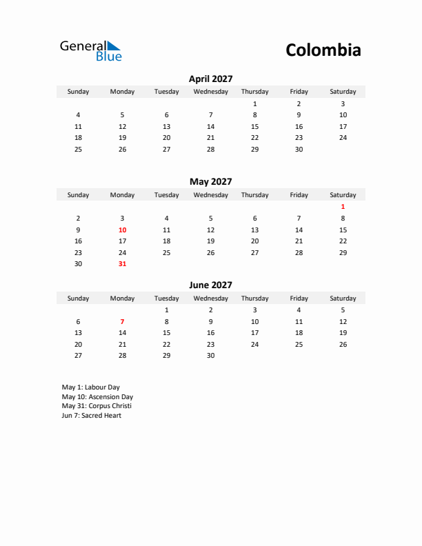 Printable Quarterly Calendar with Notes and Colombia Holidays- Q2 of 2027